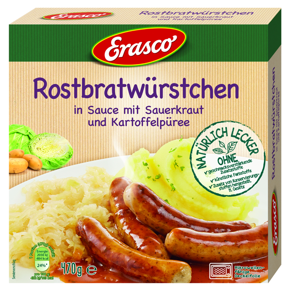 Erasco Rostbratwürstchen in Sauce mit Sauerkraut und Kartoffelpüree 470g Erasco Rostbratwürstchen in Sauce mit Sauerkraut und Kartoffelpüree 470g