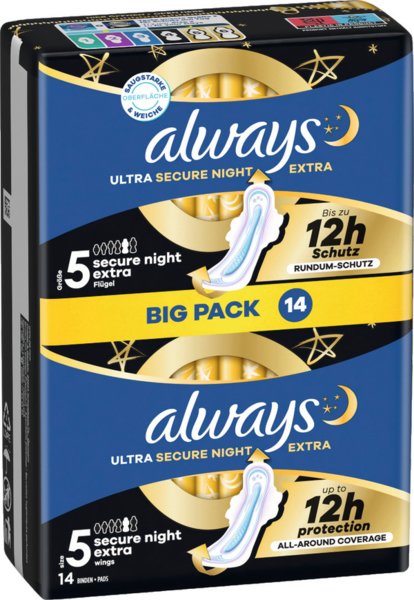 Always Ultra Damenbinden Secure Night Extra mit Flügeln 14 Stück