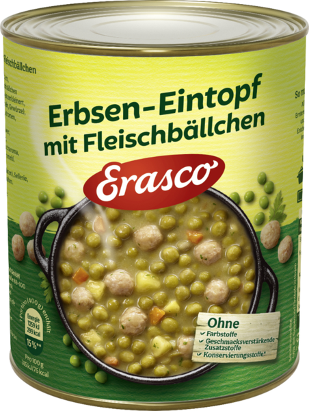 Erasco Erbsen-Eintopf mit Fleischbällchen 800g Erasco Erbsen-Eintopf mit Fleischbällchen 800g