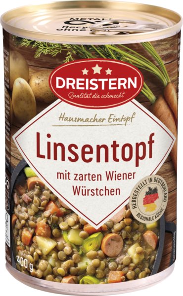 Dreistern Linsentopf mit zarten Wiener Würstchen 400g Dreistern Linsentopf mit zarten Wiener Würstchen 400g