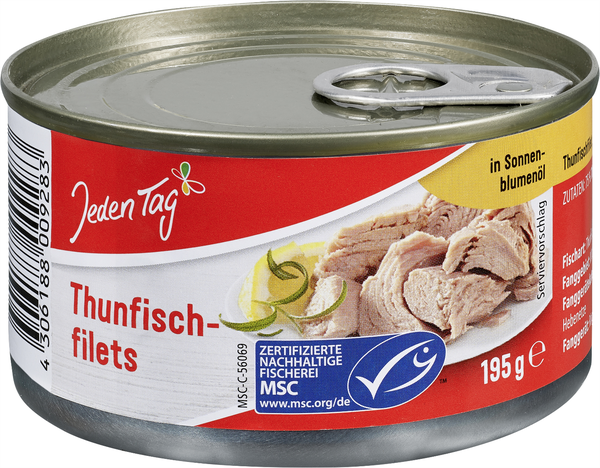Jeden Tag Thunfischfilets in Sonnenblumenöl 195g Jeden Tag Thunfischfilets in Sonnenblumenöl 195g
