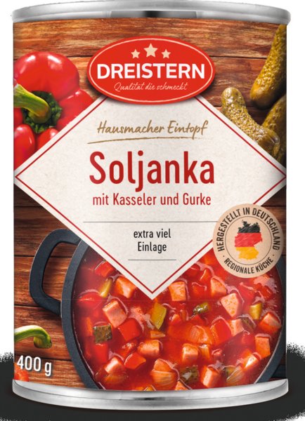 Dreistern Soljanka mit Kasseler und Gurke 400g Dreistern Soljanka mit Kasseler und Gurke 400g