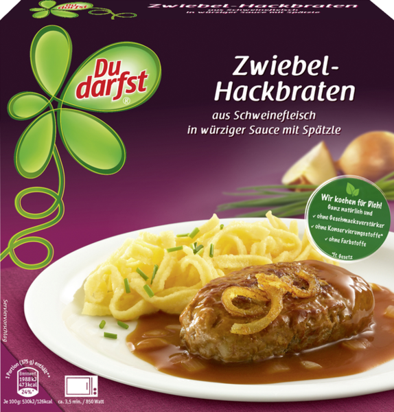 Du darfst Zwiebel-Hackbraten aus Schweinefleisch in würziger Sauce mit Spätzle 375g Du darfst Zwiebel-Hackbraten aus Schweinefleisch in würziger Sauce mit Spätzle 375g