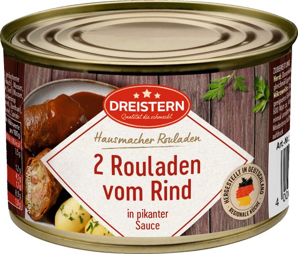Dreistern Zwei Rinderrouladen in pikanter Sauce 400g Dreistern Zwei Rinderrouladen in pikanter Sauce 400g
