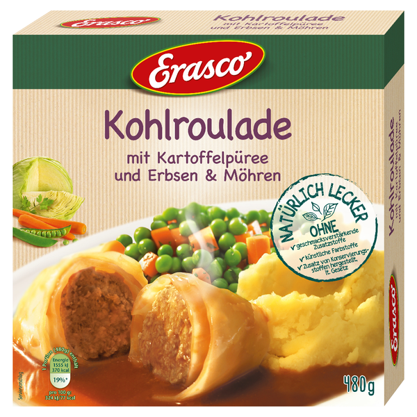 Erasco Kohlroulade mit Kartoffelpüree, Erbsen & Möhren 480g Erasco Kohlroulade mit Kartoffelpüree, Erbsen & Möhren 480g