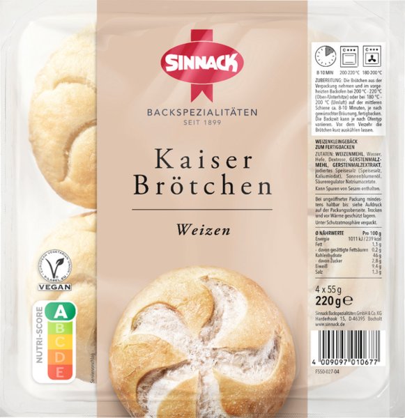 Sinnack 4 Kaiserbrötchen Weizen 220g