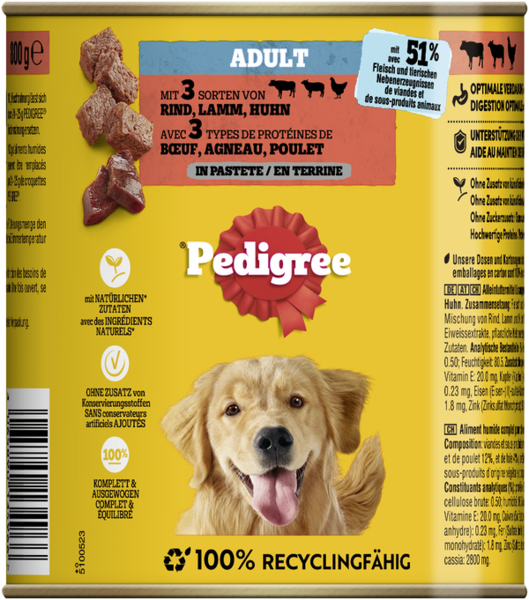 Pedigree Dose mit 3 Sorten: Rind, Lamm und Huhn in Pastete 800g
