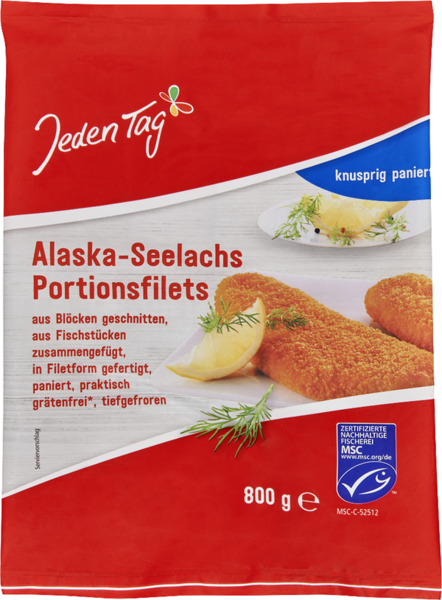 Jeden Tag Alaska-Seelachs Portionsfilet knusprig paniert 800g Jeden Tag Alaska-Seelachs Portionsfilet knusprig paniert 800g