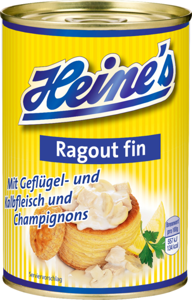 Heine's Ragout fin mit Geflügel- und Kalbfleisch und Champignons 400g Heine's Ragout fin mit Geflügel- und Kalbfleisch und Champignons 400g
