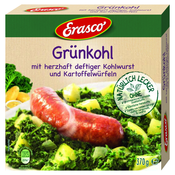 Erasco Grünkohl mit herzhaft deftiger Kohlwurst und Kartoffelwürfeln 370g Erasco Grünkohl mit herzhaft deftiger Kohlwurst und Kartoffelwürfeln 370g