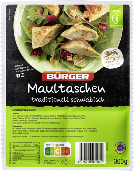 Bürger Maultaschen traditionell schwäbisch 360g Bürger Maultaschen traditionell schwäbisch 360g