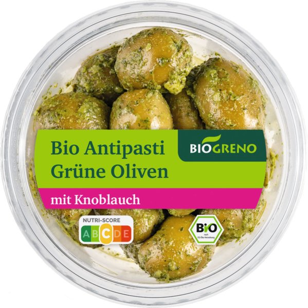 Biogreno Antipasti Grüne Oliven mit Knoblauch 125g