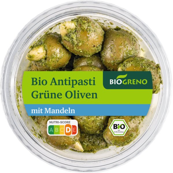 Biogreno Antipasti Grüne Oliven mit Mandeln 125g