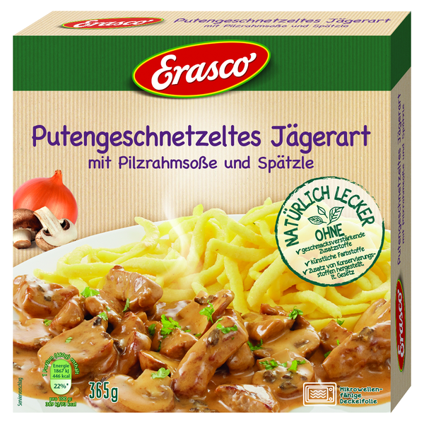 Erasco Putengeschnetzeltes Jägerart mit Pilzrahmsauce und Spätzle 365g Erasco Putengeschnetzeltes Jägerart mit Pilzrahmsauce und Spätzle 365g