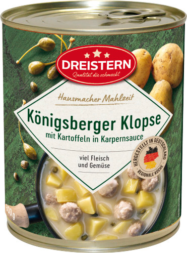 Dreistern Königsberger Klopse mit Kartoffeln in feiner Kapernsauce 800g Dreistern Königsberger Klopse mit Kartoffeln in feiner Kapernsauce 800g
