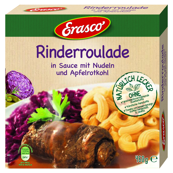 Erasco Rinderroulade in Sauce mit Nudeln und Apfelrotkohl 460g Erasco Rinderroulade in Sauce mit Nudeln und Apfelrotkohl 460g