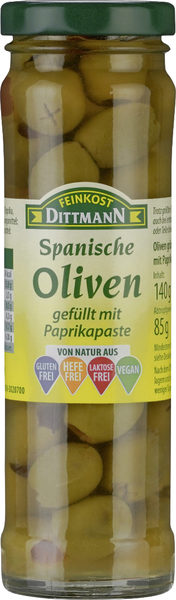 Dittmann Spanische Oliven gefüllt mit Paprikapaste 140g Dittmann Spanische Oliven gefüllt mit Paprikapaste 140g