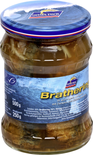 Ostsee Fisch Brathering in würzigem Aufguss 500g Ostsee Fisch Brathering in würzigem Aufguss 500g