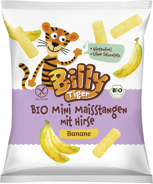 Billy Tiger Bio Mini Maisstangen mit Hirse und Banane 30g Billy Tiger Bio Mini Maisstangen mit Hirse und Banane 30g