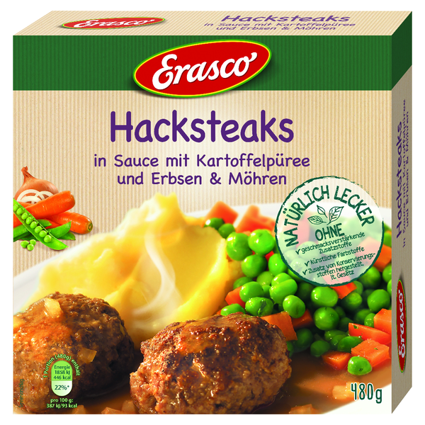 Erasco Hacksteaks in Sauce mit Kartoffelpüree und Erbsen & Möhren 480g Erasco Hacksteaks in Sauce mit Kartoffelpüree und Erbsen & Möhren 480g