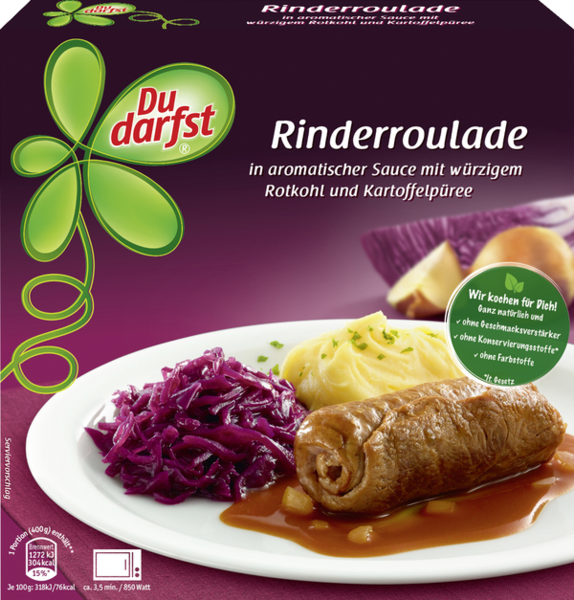 Du darfst Rinderroulade in aromatischer Sauce mit würzigem Rotkohl und Kartoffelpüree 400g Du darfst Rinderroulade in aromatischer Sauce mit würzigem Rotkohl und Kartoffelpüree 400g