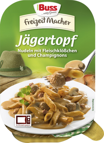 Buss Jägertopf Nudeln mit Fleischklößchen und Champignons 300g Buss Jägertopf Nudeln mit Fleischklößchen und Champignons 300g