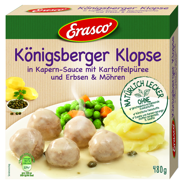 Erasco Königsberger Klopse in Kapern-Sauce mit Kartoffelpüree und Erbsen & Möhren 480g Erasco Königsberger Klopse in Kapern-Sauce mit Kartoffelpüree und Erbsen & Möhren 480g