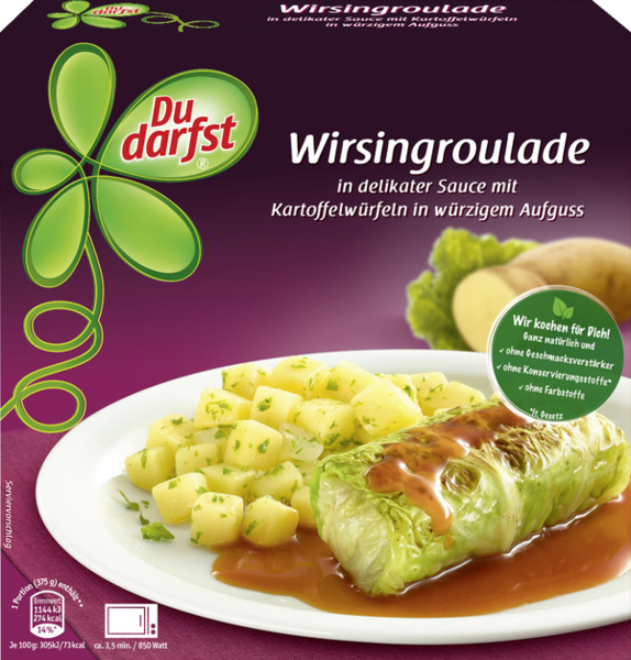 Du darfst Wirsingroulade in delikater Sauce mit Kartoffelwürfeln in würzigem Aufguss 375g Du darfst Wirsingroulade in delikater Sauce mit Kartoffelwürfeln in würzigem Aufguss 375g