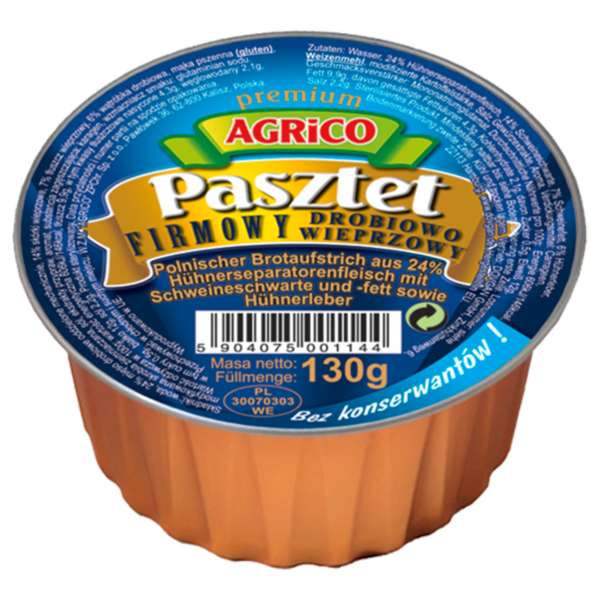 Agrico "Pasztet drobiowy" Polnischer Brotaufstrich mit Speck und Hühnerleber 130g Agrico "Pasztet drobiowy" Polnischer Brotaufstrich mit Speck und Hühnerleber 130g