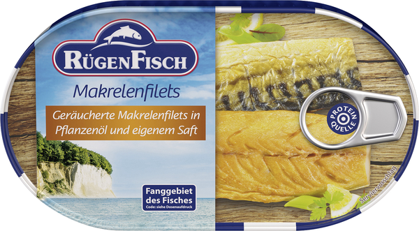Rügen Fisch Makrelenfilets geräuchert in Pflanzenöl und eigenem Saft 200g Rügen Fisch Makrelenfilets geräuchert in Pflanzenöl und eigenem Saft 200g